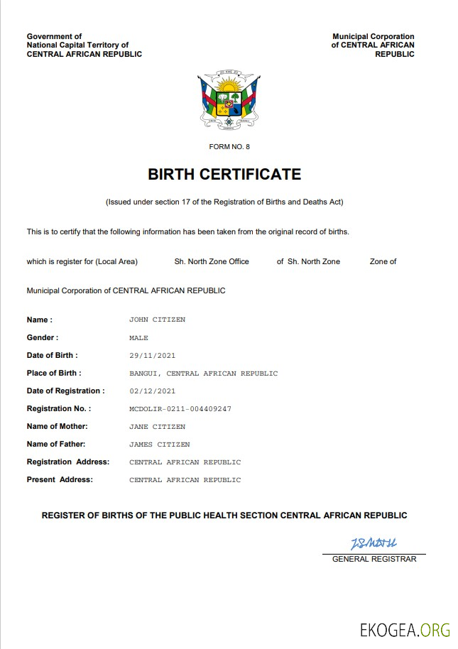 Acte d'état civil de la République Centrafricaine, modèle Word et PDF